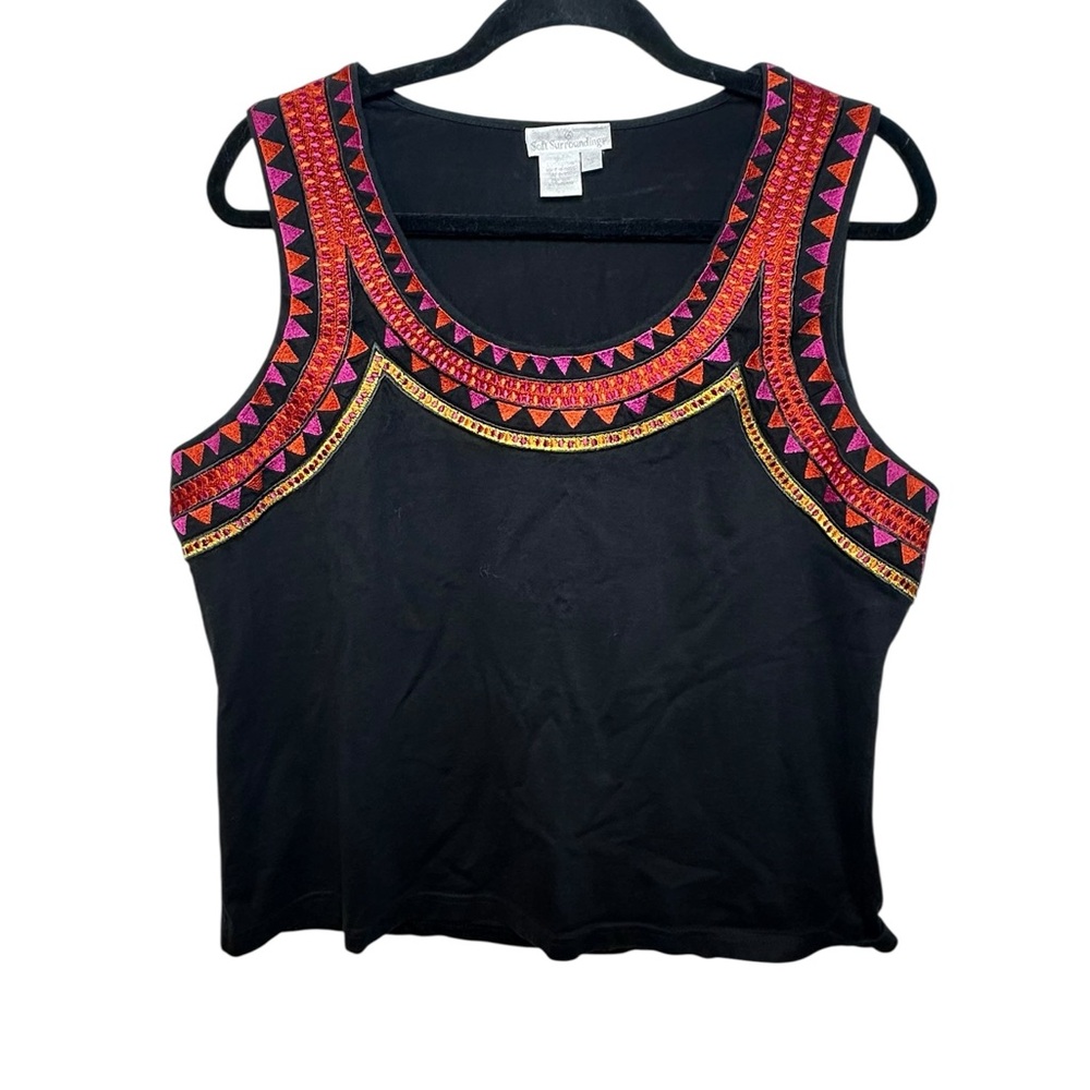 Soft Surroundings Embroidered Neck‎ Black Women's Tank Size XL Knit Vintage